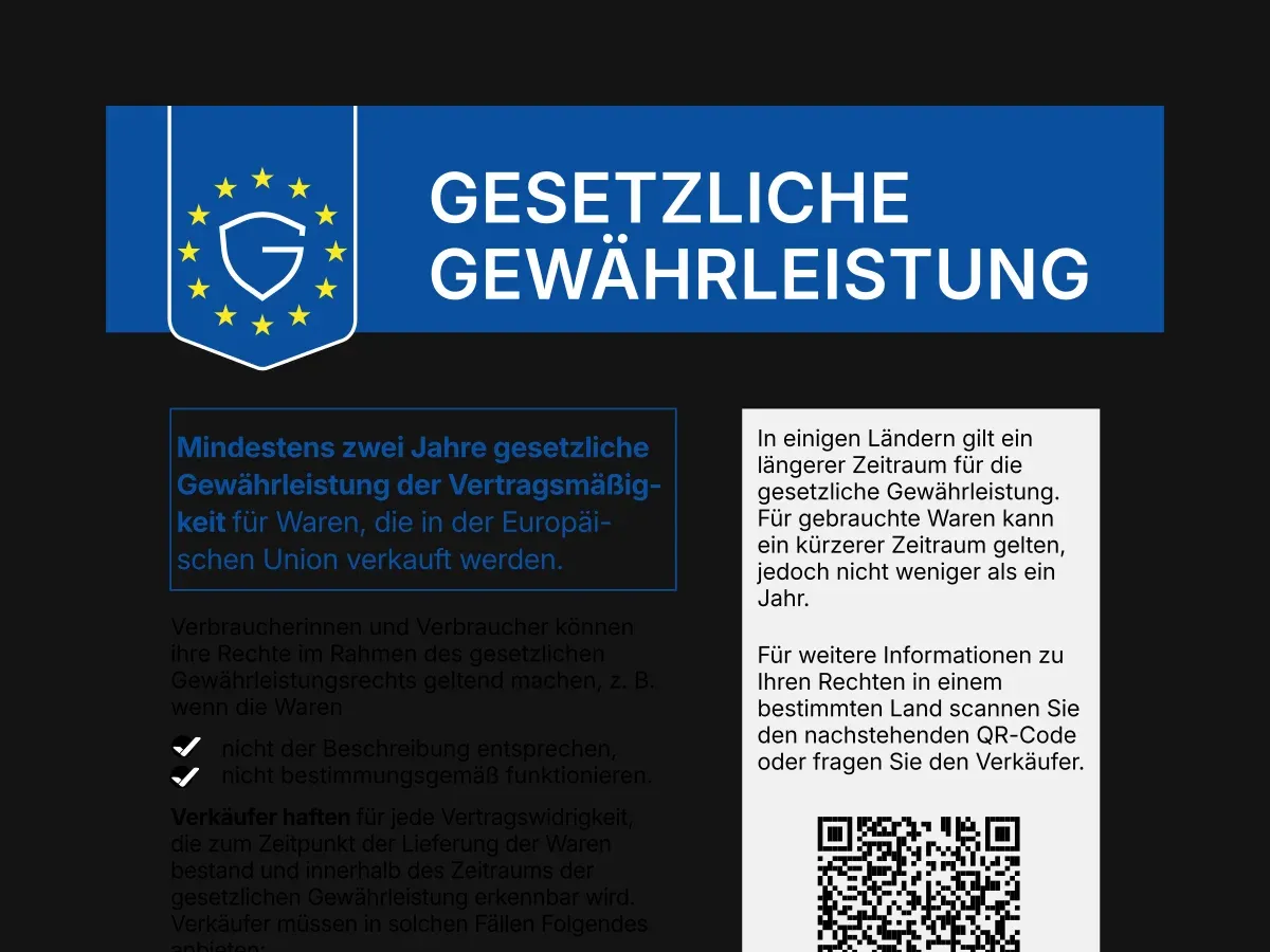 Die offizielle EU-Mitteilung ohne weißen Kasten auf fast schwarzem Hintergrund: Der blaue Kopf mit der Überschrift „Gesetzliche Gewährleistung“ und der graue Infokasten rechts sind gut zu sehen, der schwarze Fließtext in der linken Spalte ist auf dem dunklen Grund kaum zu erkennen.