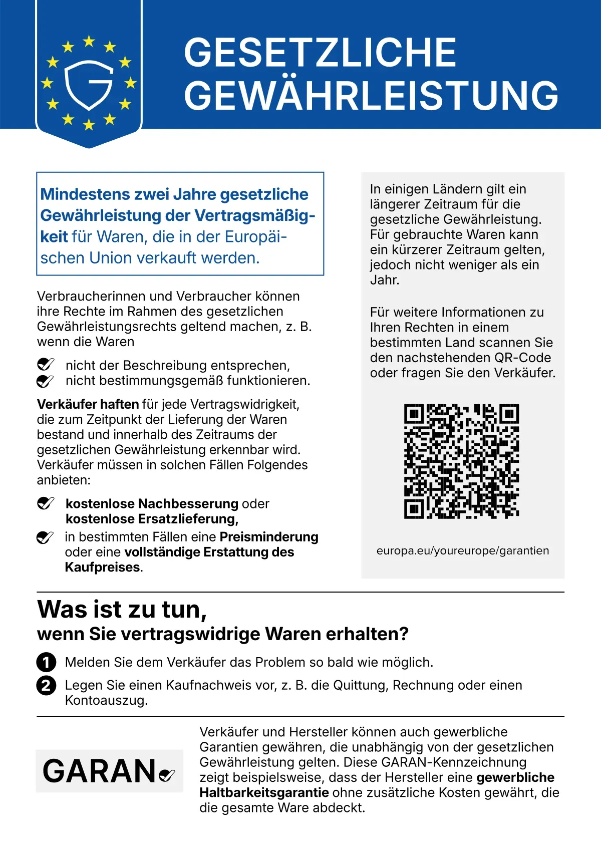 Die harmonisierte EU-Mitteilung „Gesetzliche Gewährleistung“ als DIN-A4-Blatt: blauer Kopf mit EU-Sternenkreis, darunter Fließtext in zwei Spalten, ein QR-Code und ein Kasten „Was ist zu tun“. Der Wortlaut steckt nur als Grafik im Bild.