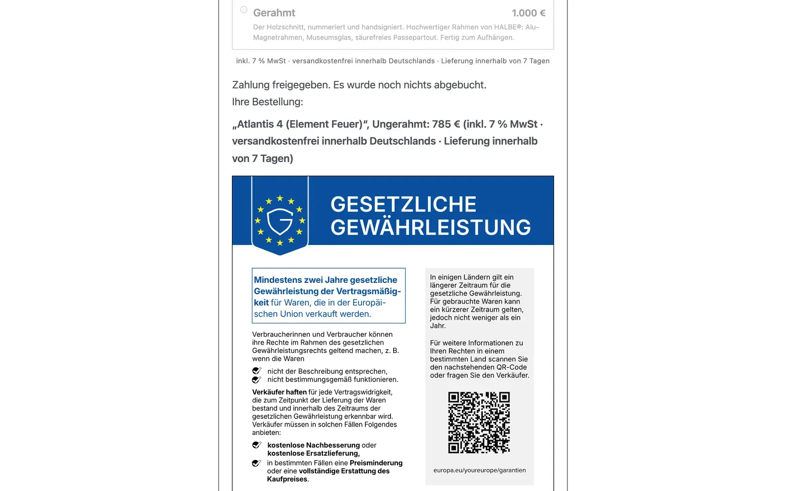 Screenshot von haushoppe.de am Laptop: Oben die Bestellzusammenfassung „Atlantis 4 (Element Feuer)“ für 785 Euro, darunter die EU-Mitteilung „Gesetzliche Gewährleistung“, die den restlichen Bildschirm füllt und am unteren Rand abgeschnitten ist. Der Bestellknopf ist nicht zu sehen.