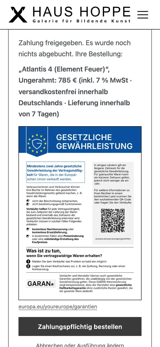 Screenshot von haushoppe.de auf dem Handy: Die Bestellzusammenfassung in großer Schrift, darunter die vollständige EU-Mitteilung mit winzigem Fließtext, darunter der Knopf „Zahlungspflichtig bestellen“ in normaler Größe.
