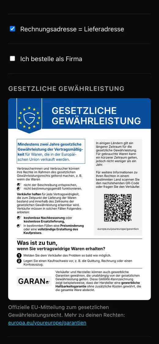 Screenshot der Kassenseite von megabunt auf dem Handy: Oben die Formularfelder „Rechnungsadresse = Lieferadresse“ und „Ich bestelle als Firma“, darunter die Überschrift „Gesetzliche Gewährleistung“, dann die EU-Mitteilung mit winzigem Fließtext und darunter die Bildunterschrift mit Link zu europa.eu/youreurope/garantien.